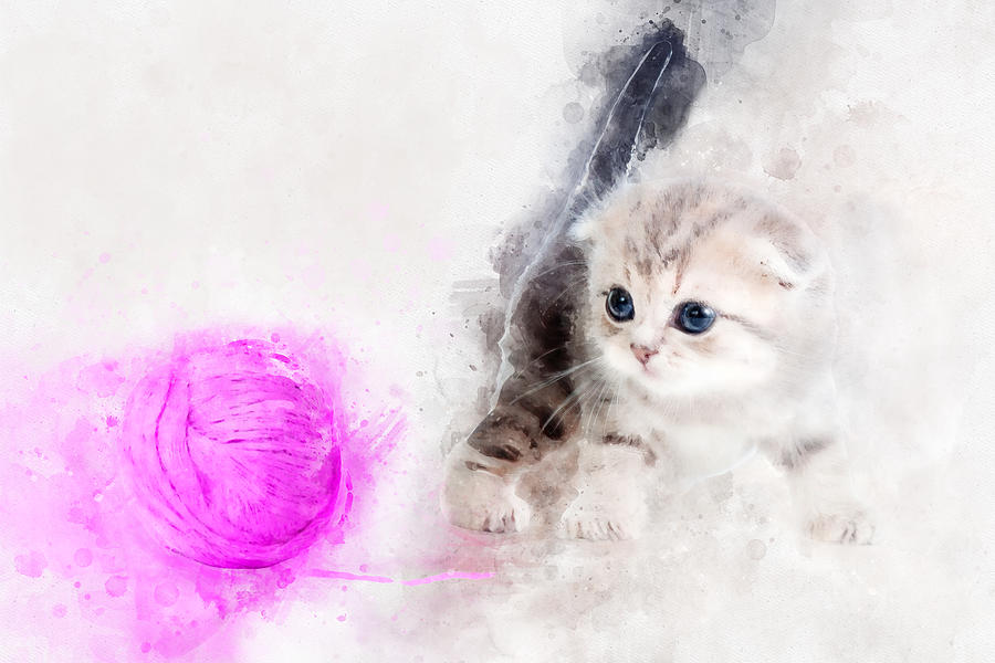 Cat Digital Art - Beautiful and cute kitten playing with a pink yarn ball watercol by SP JE Art