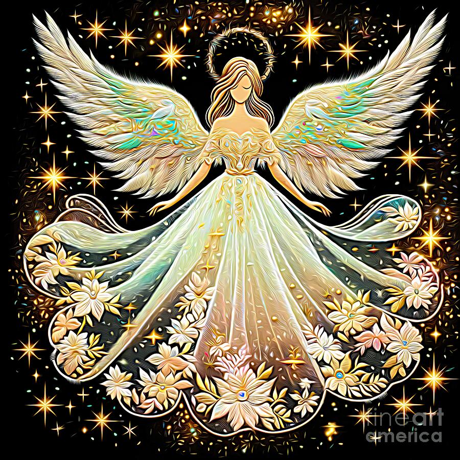 Beautiful Applique Angel and Stars Expressionist Effect Digital Art by Rose Santuci-Sofranko