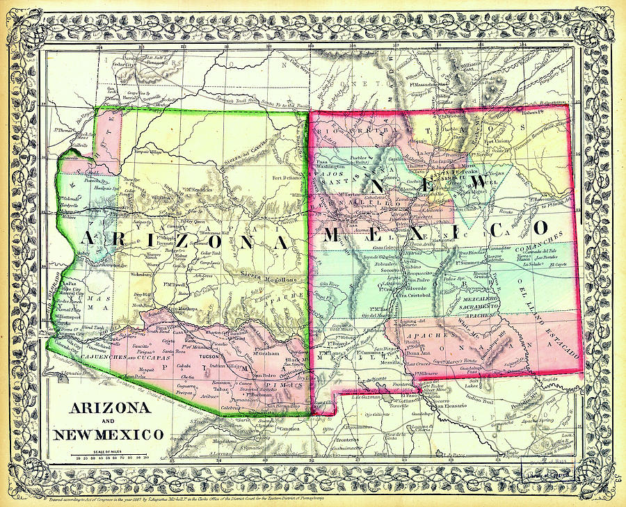 Beautiful Arizona and New Mexico Historical Map 1867 Drawing by Joseph S Giacalone