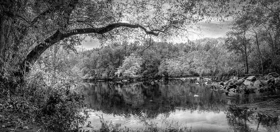 Beautiful Autumn River Panorama Black and White Photograph by Debra and Dave Vanderlaan