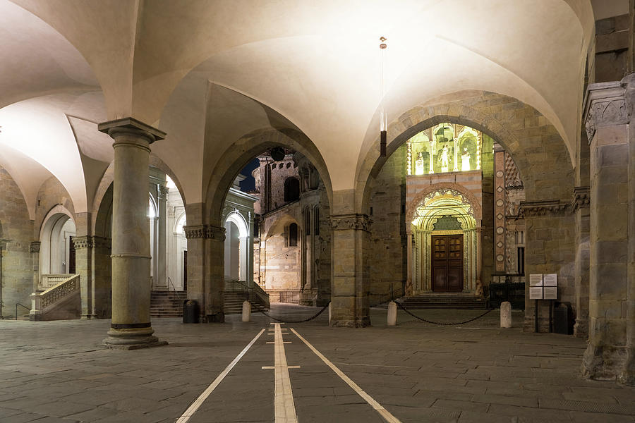 Beautiful Bergamo at Night - Palazzo della Ragione Loggia with Antique Sundial Photograph by Georgia Mizuleva