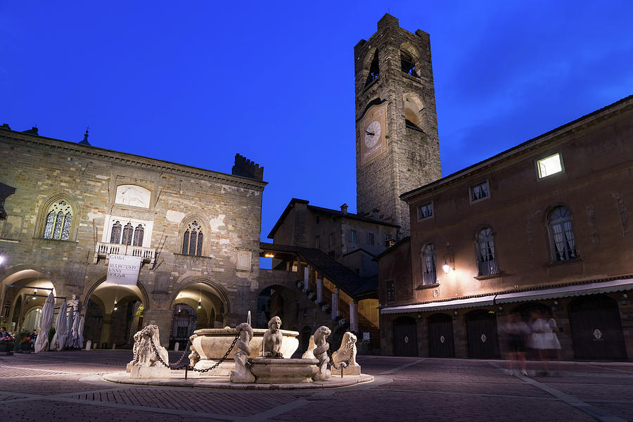 Beautiful Bergamo at Night - Piazza Vecchia Contarini Fountain and Campanone Clocktower Photograph by Georgia Mizuleva