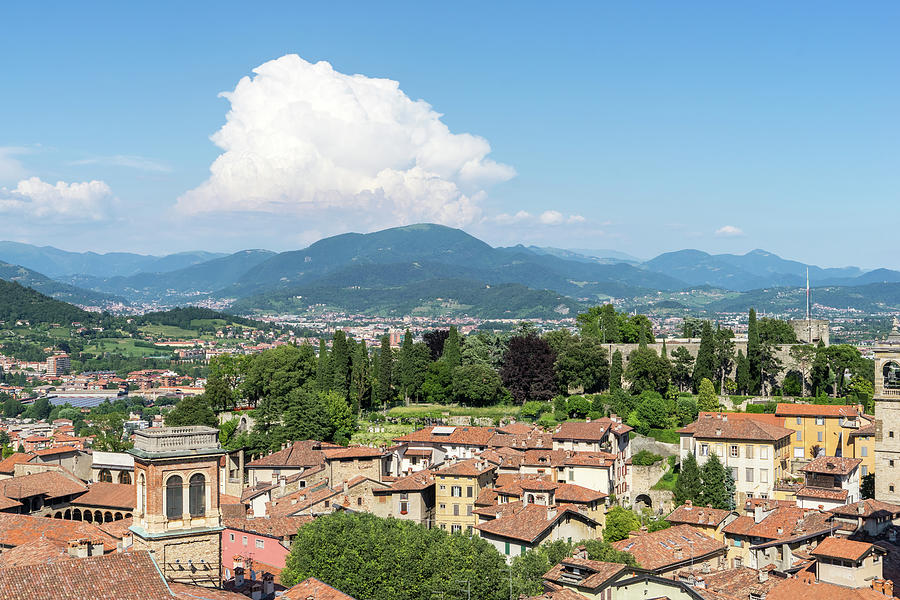 Beautiful Bergamo Lombardy Italy - Terracotta Rooftops and Bergamasque Alps Photograph by Georgia Mizuleva