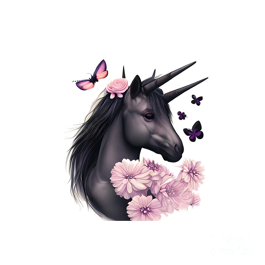 Butterfly Digital Art - Beautiful Black Floral Unicorn by Debra Miller