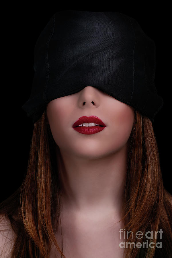 Beautiful blindfolded woman with red lipstick Photograph by Mendelex Photography