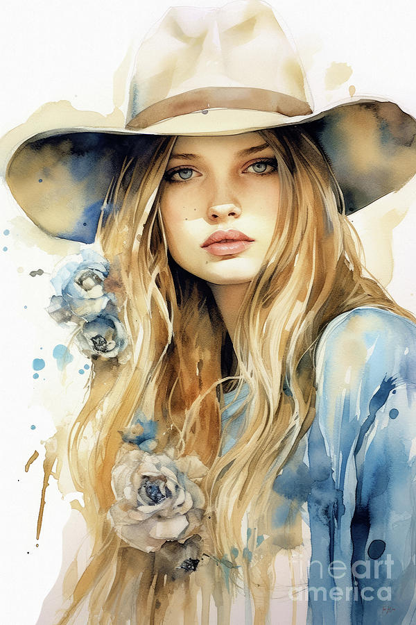 Beautiful Blue Eyed Cowgirl 2 Painting by Tina LeCour
