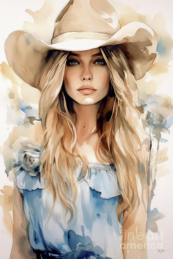 Beautiful Blue Eyed Cowgirl 4 Painting by Tina LeCour