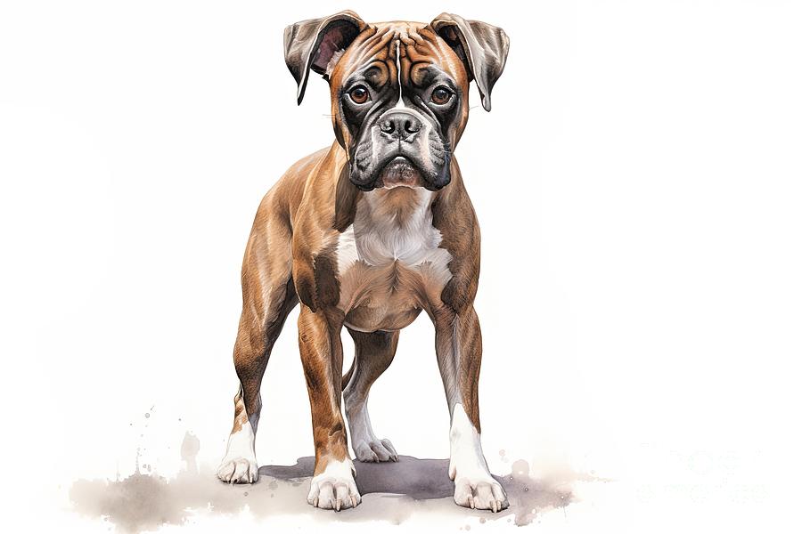 Beautiful boxer dog standing. Watercolour illustration on white background. Digital Art by Jane Rix