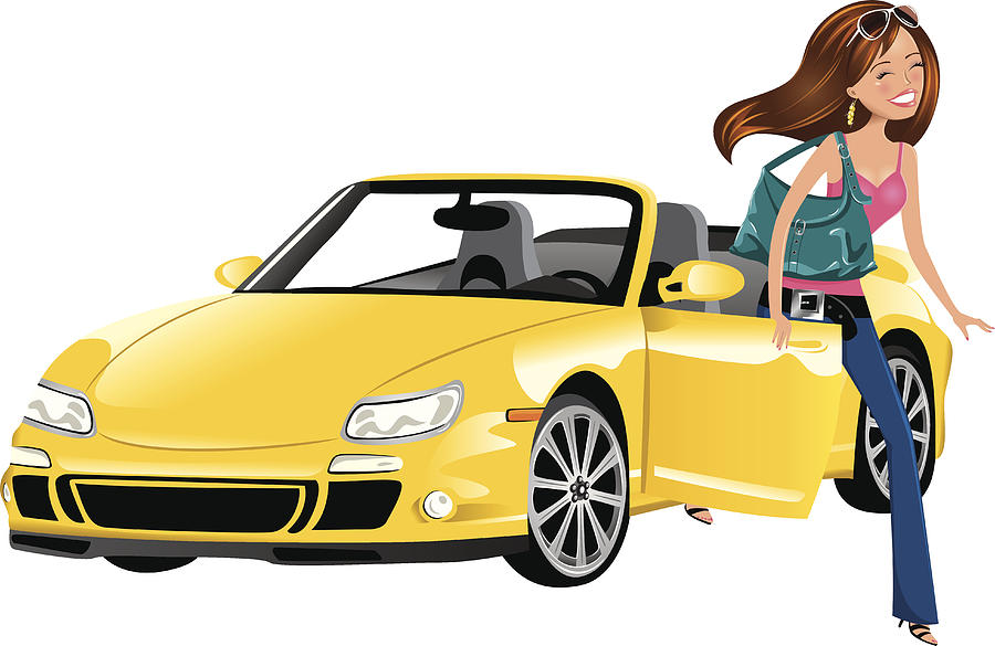Beautiful brunette woman getting out of a yellow sports car Drawing by Cinnamonsaturday