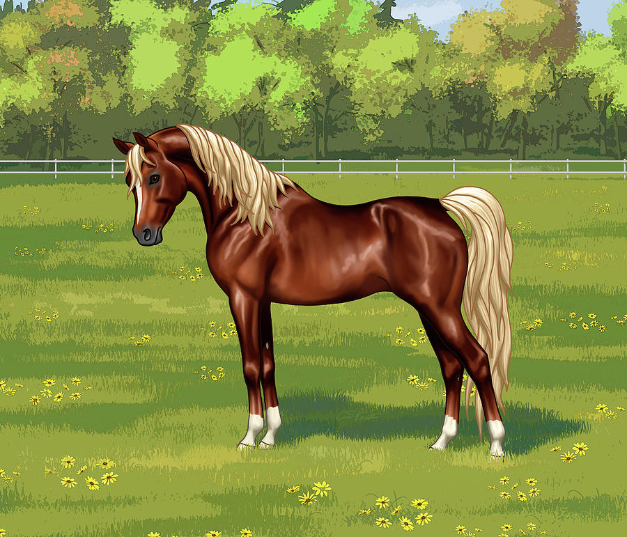 Beautiful Chestnut Flaxen Arabian Horse In Summer Pasture Painting by Crista Forest