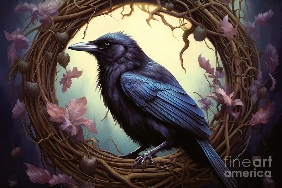 Beautiful crow in fantasy wreath Painting by N Akkash - Fine Art America