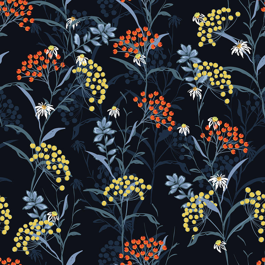 Beautiful dark Autumn seamless pattern with orange and yellow berries and  leaves. Fall colorful floral background on navy blue background. Drawing by  Julien - Pixels