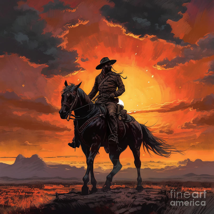 Beautiful Dark Sunset Silhoutte Rider Art Painting Digital Art By 