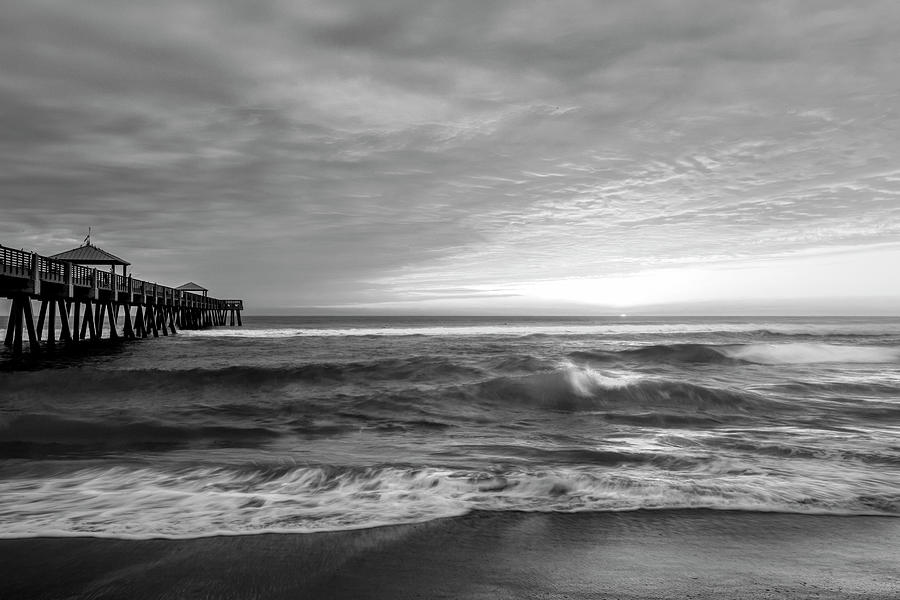Beautiful Dawn at the Pier Black and White Photograph by Debra and Dave Vanderlaan