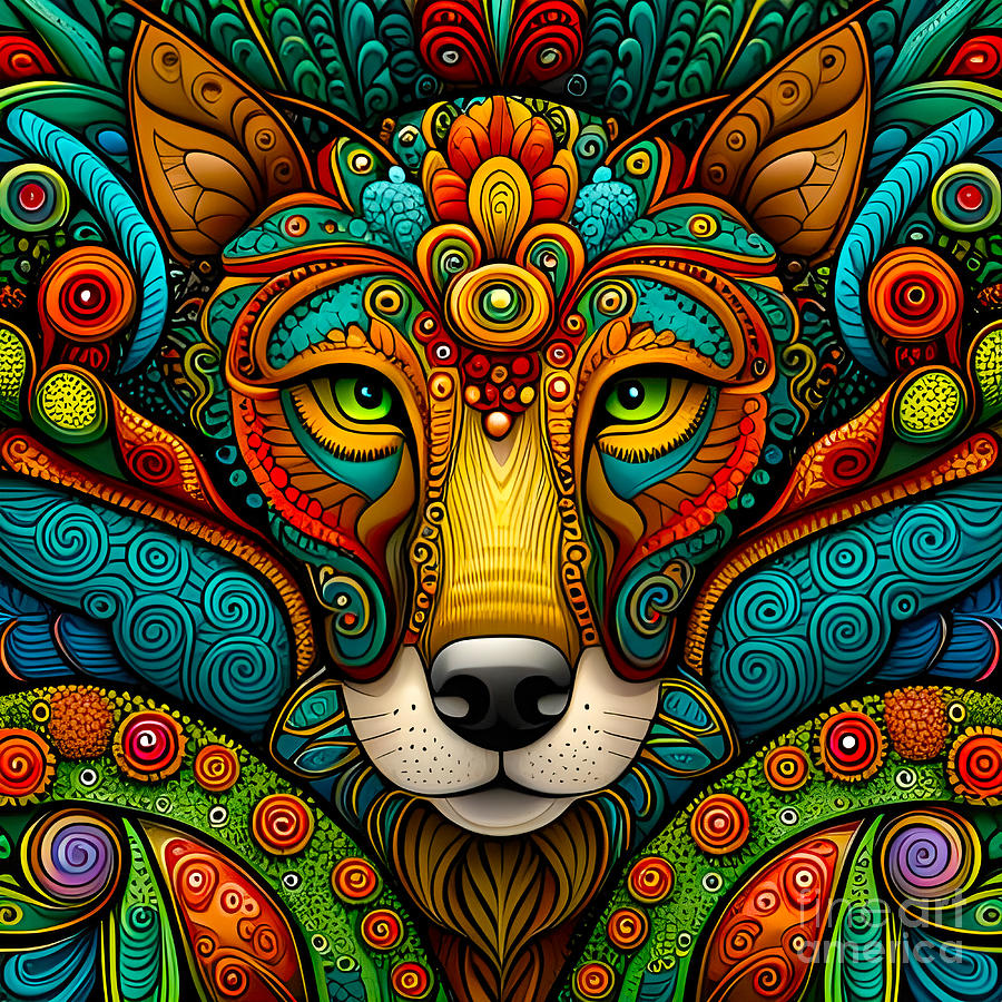 Beautiful dog face ethnic tribal design. Swirling patterns in bright colours. Wol, dog or fox totem.  Photograph by Jane Rix