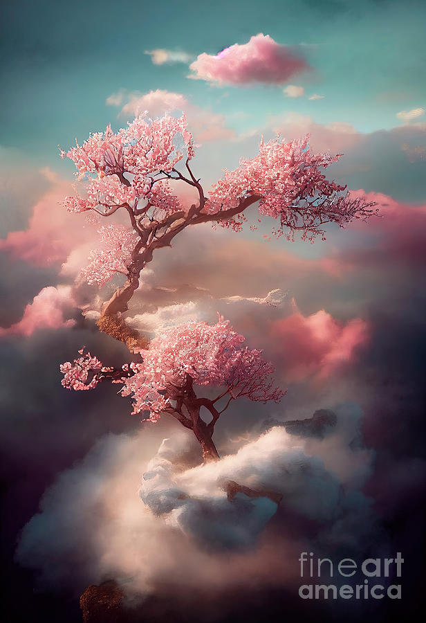 Beautiful dreamy cherry blossom tree from heavenly clouds. Abstr Digital Art by Jelena Jovanovic