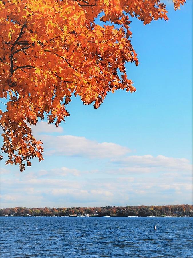 Beautiful Fall Leaves with a Blue Sky and Deep Blue Water at Lake ...