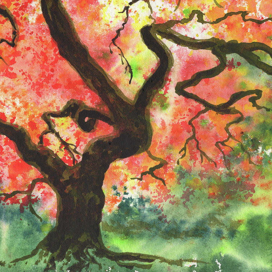 Beautiful Fall Tree Splash Of Season Watercolor V Painting