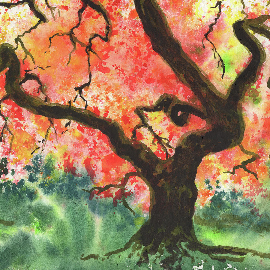 Beautiful Fall Tree Splash Of Season Watercolor VI Painting by Irina Sztukowski