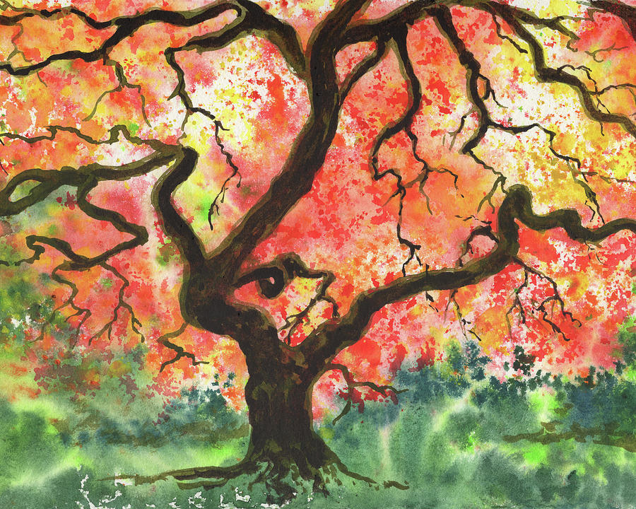 Beautiful Fall Tree Splash Of Season Watercolor VII Painting by Irina Sztukowski