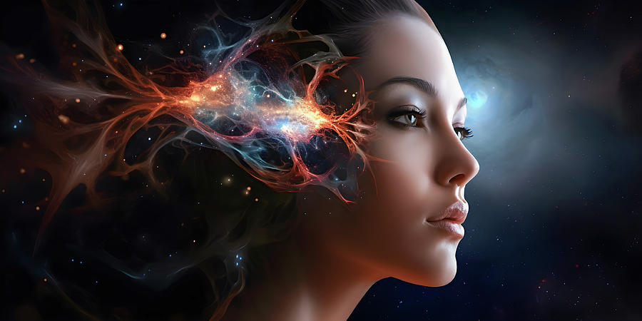 Beautiful female face on dark space background, AI generated Photograph ...