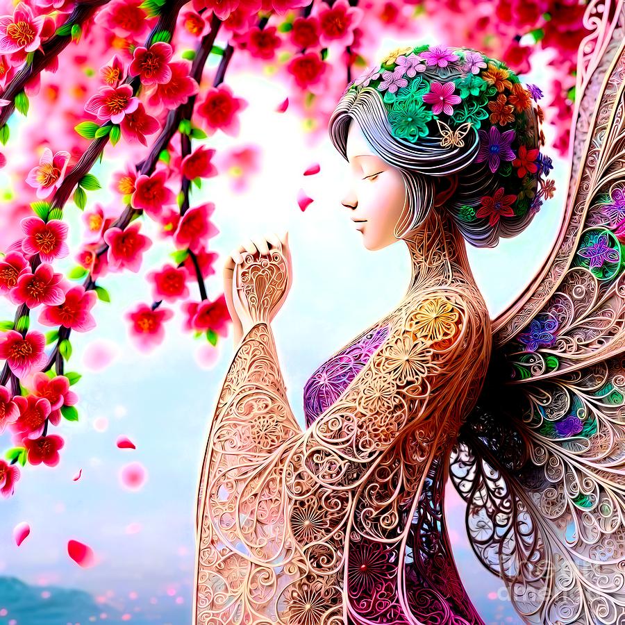 Beautiful Filigree Guardian Angel Under a Blossoming Cherry Tree Digital Art by Rose Santuci-Sofranko