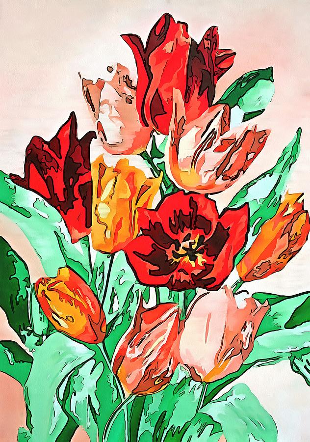 Beautiful Floral Bouquet of Tulips Black Outline Art Painting by Taiche Acrylic Art