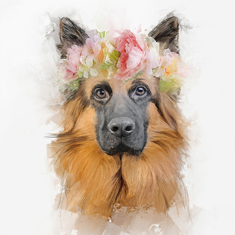 Beautiful German Shepherd Flower Crown Portrait Digital Art by Bloom ...