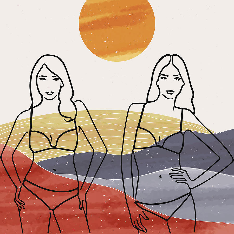 Summer Drawing - Beautiful girls bikini fashion illustration line art drawing mid century modern landscape poster by Mounir Khalfouf