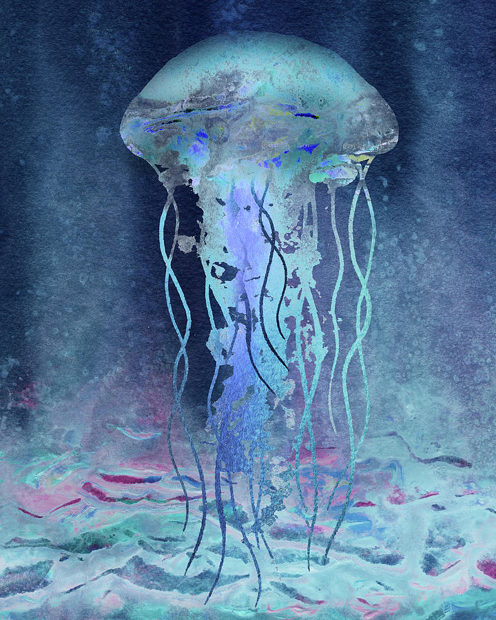 Beautiful Glowing Jellyfish Under The Sea Watercolor  Painting by Irina Sztukowski