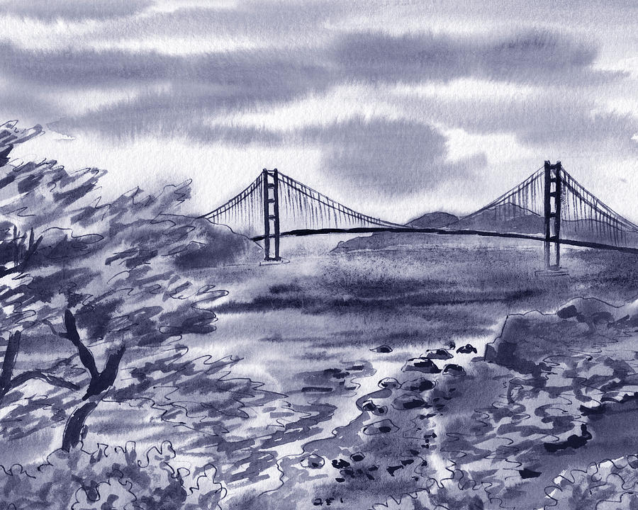 Beautiful Golden Gate Bridge San Francisco Bay Indigo Blue Watercolor Painting by Irina Sztukowski