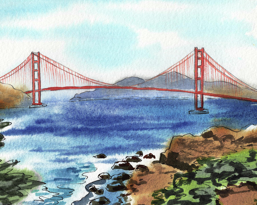 Beautiful Golden Gate Bridge San Francisco Bay Watercolor Painting by Irina Sztukowski