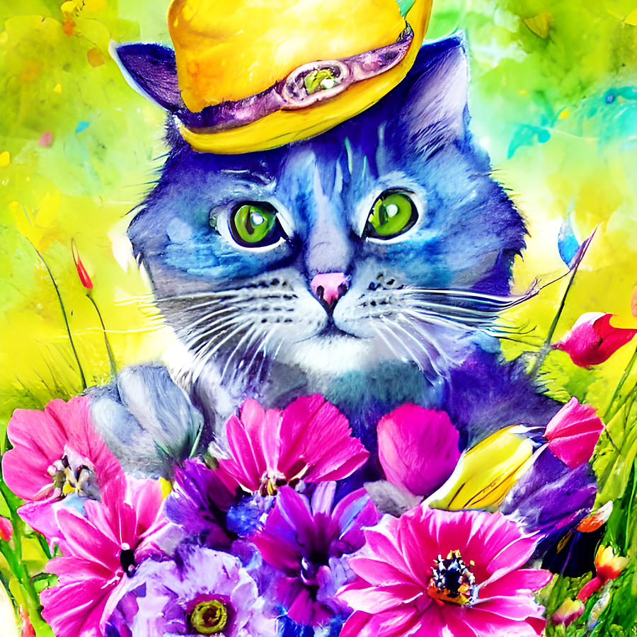 Beautiful Green Eyes cat with Hat and Flowers Digital Art by Amalia Suruceanu