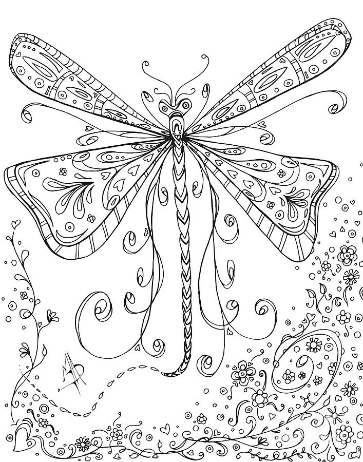 Beautiful Hand Drawn Dragonfly Black And White Coloring Page By Meganaroon Painting