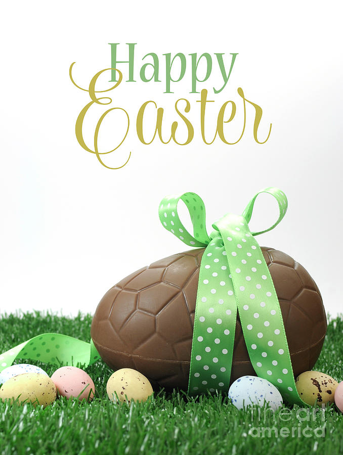 Beautiful Happy Easter large chocolate Easter egg and small candy speckled eggs on grass Photograph by Milleflore Images - Fine Art America