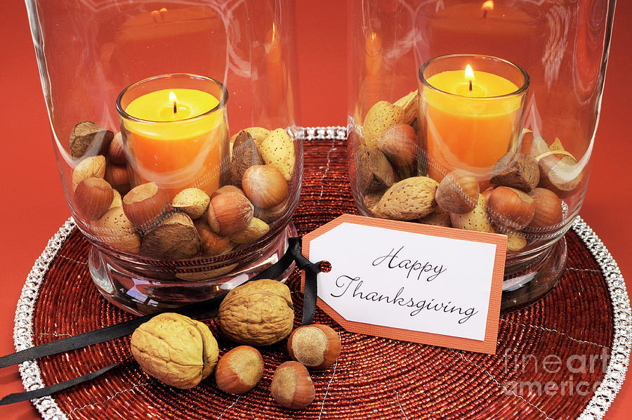 Thanksgiving Photograph - Beautiful Happy Thanksgiving table setting centerpiece by Milleflore Images
