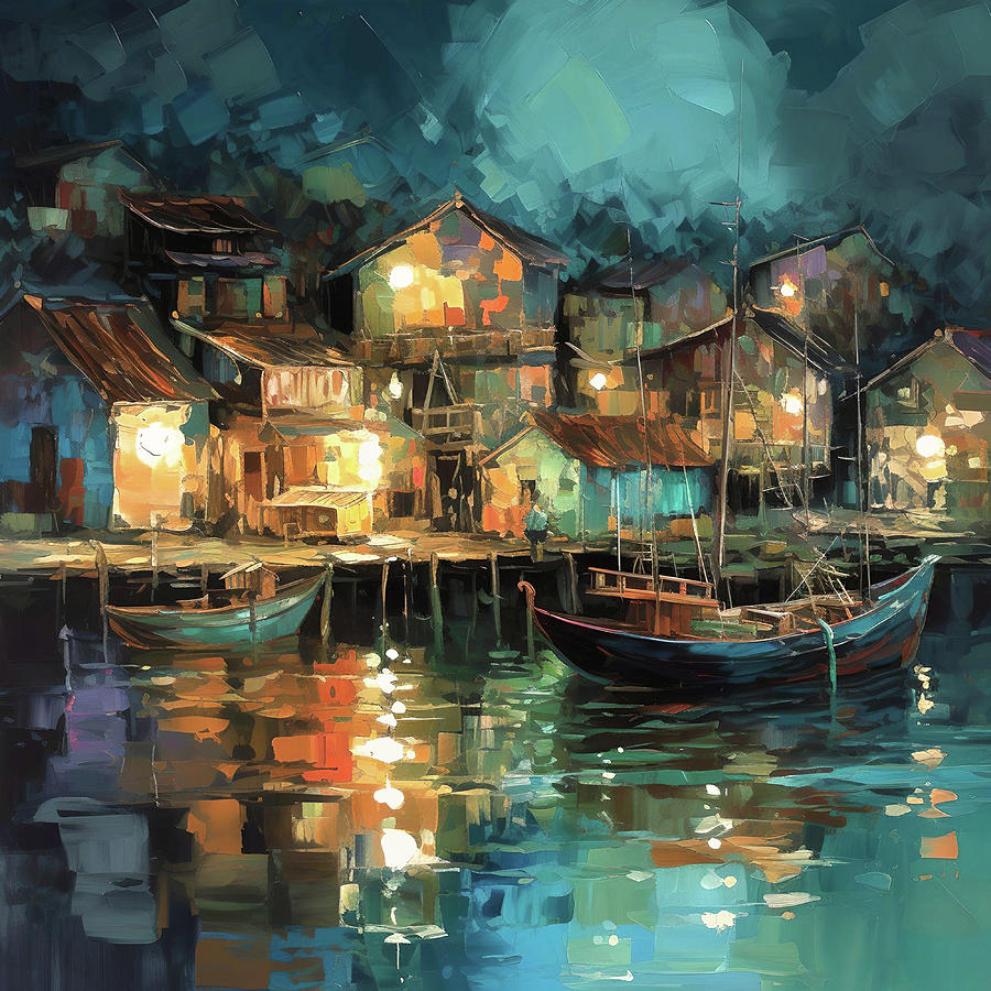 Beautiful Impressionistic Painting Of A Small Fishing Village At Night