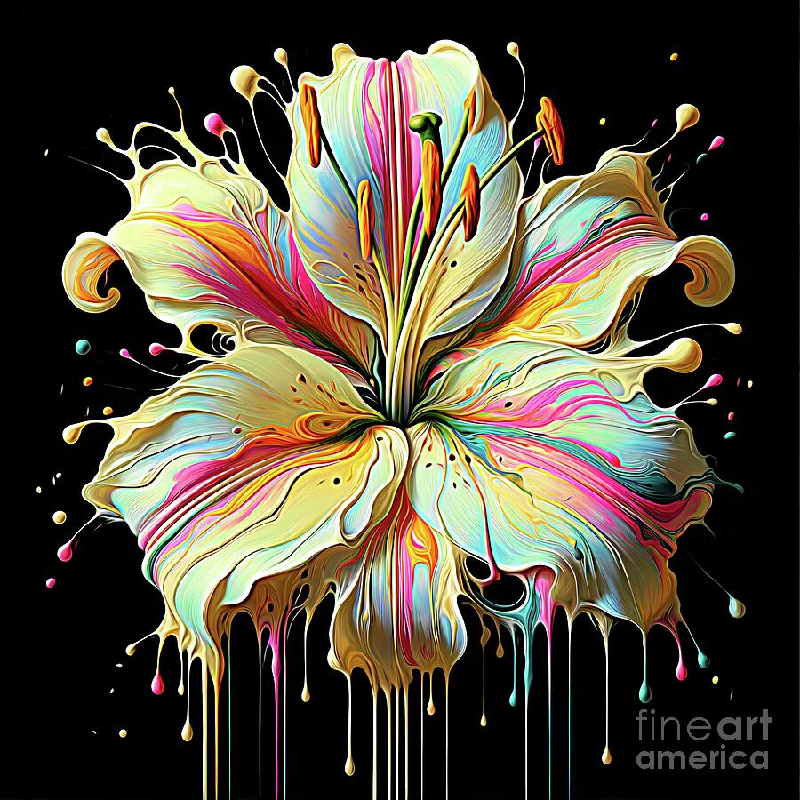 Beautiful Lily On Black Background With Expressionist And Paint Drip Effects Digital Art