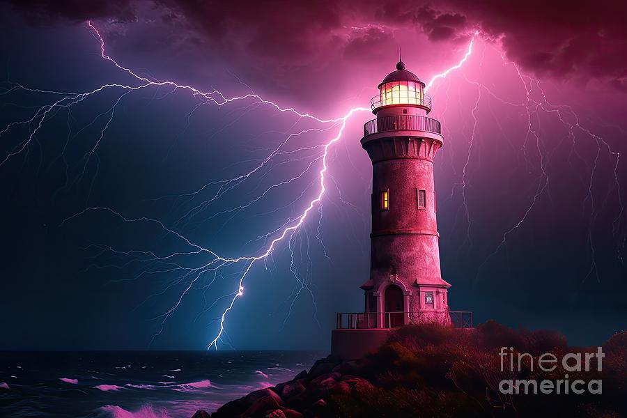 Beautiful Moody Lighthouse Electrical Lightning Storm Digital Art by