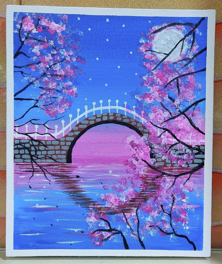 Beautiful moonlight cherry blossom scenery Painting by Priti Lahoti ...