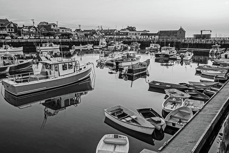 Beautiful morning glow on Motif #1 and Rockport Harbor Rockport Massachusetts Black and White Photograph by Toby McGuire