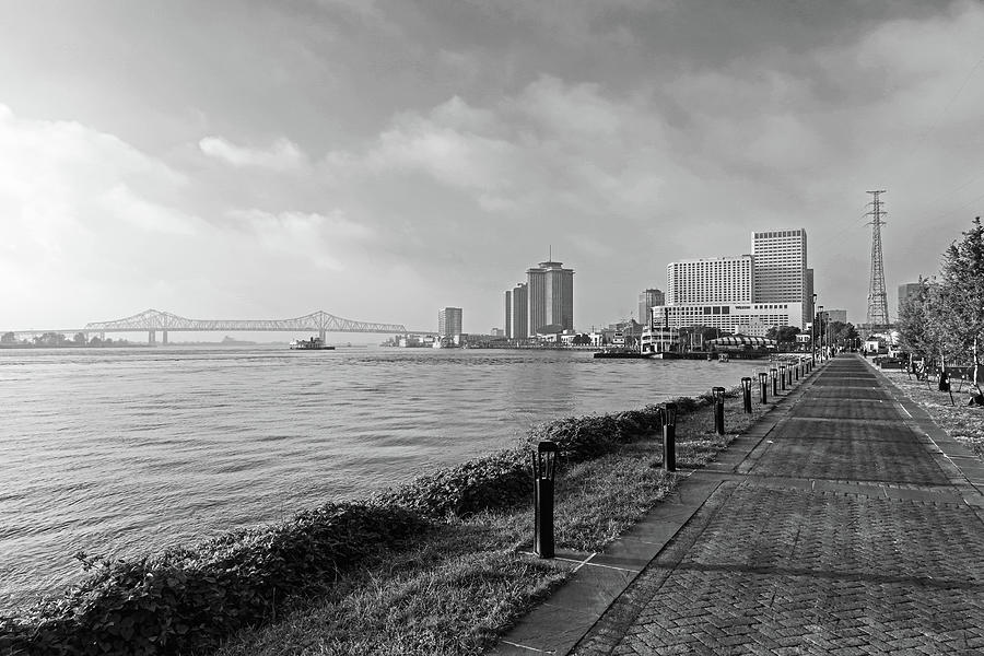 Beautiful Morning Walk on the Mississippi River Waterfront in New Orleans Louisiana Black and White Photograph by Toby McGuire