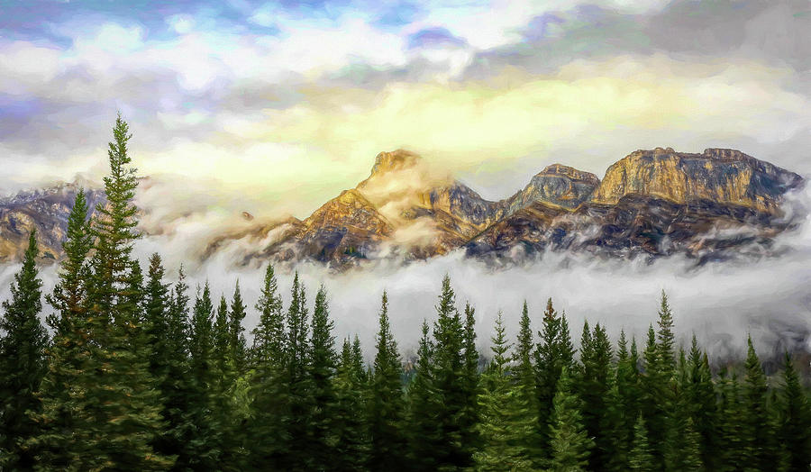 Canadian Rockies Painting - Beautiful Mountain Landscape In Morning Clouds by Dan Sproul