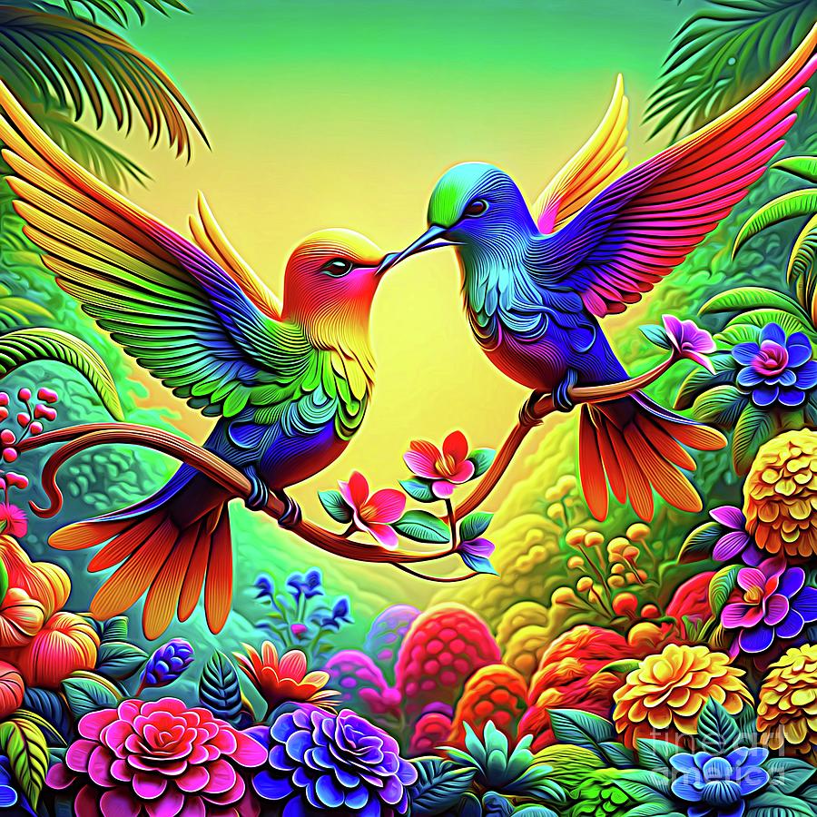 Beautiful Multicolored Hummingbirds in Love in a Garden Expressionistic Effect Digital Art by Rose Santuci-Sofranko