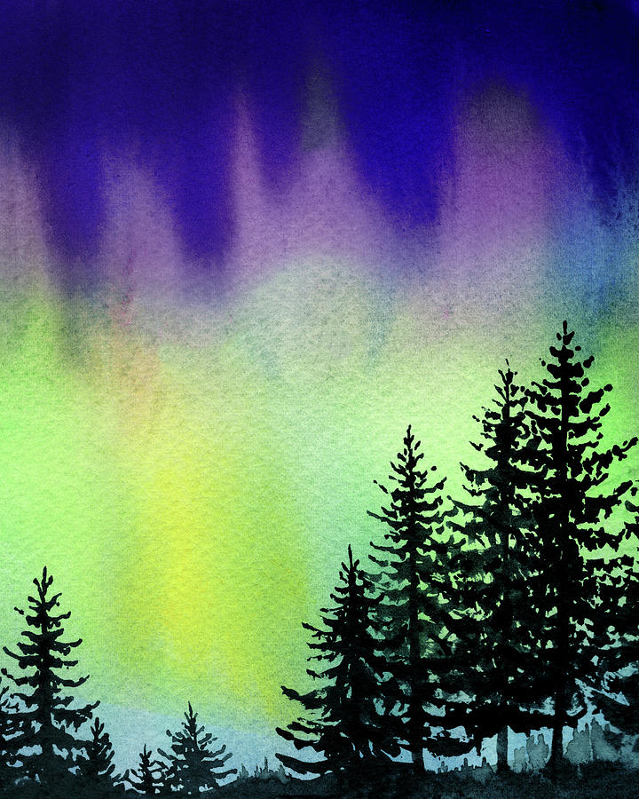 Beautiful Northern Aurora Borealis Lights With Forest Silhouette Watercolor Painting I  Painting by Irina Sztukowski