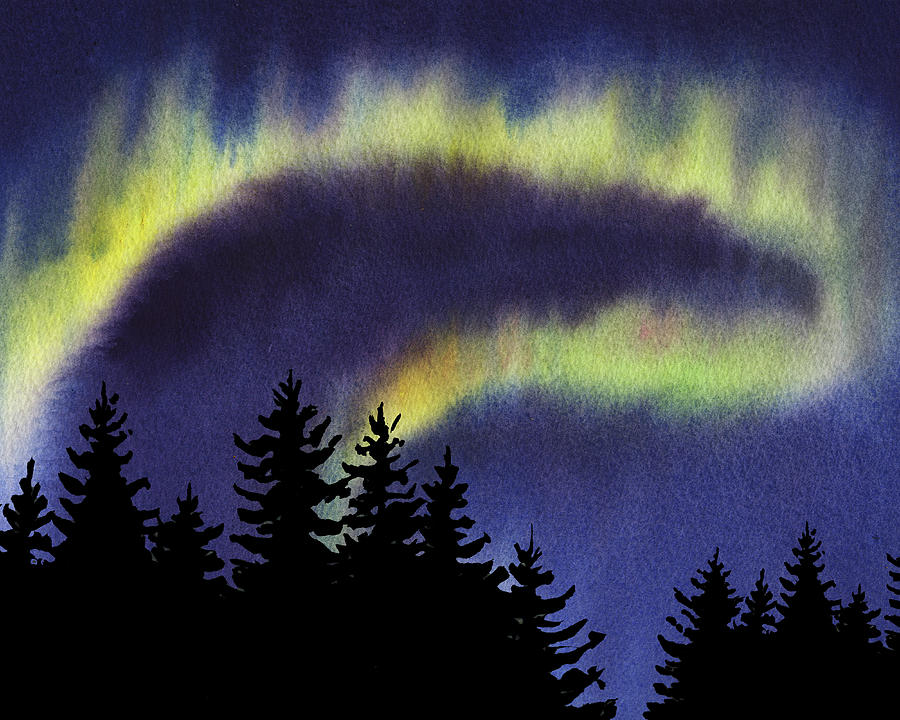Beautiful Northern Aurora Borealis Lights With Forest Silhouette Watercolor Painting III Painting by Irina Sztukowski