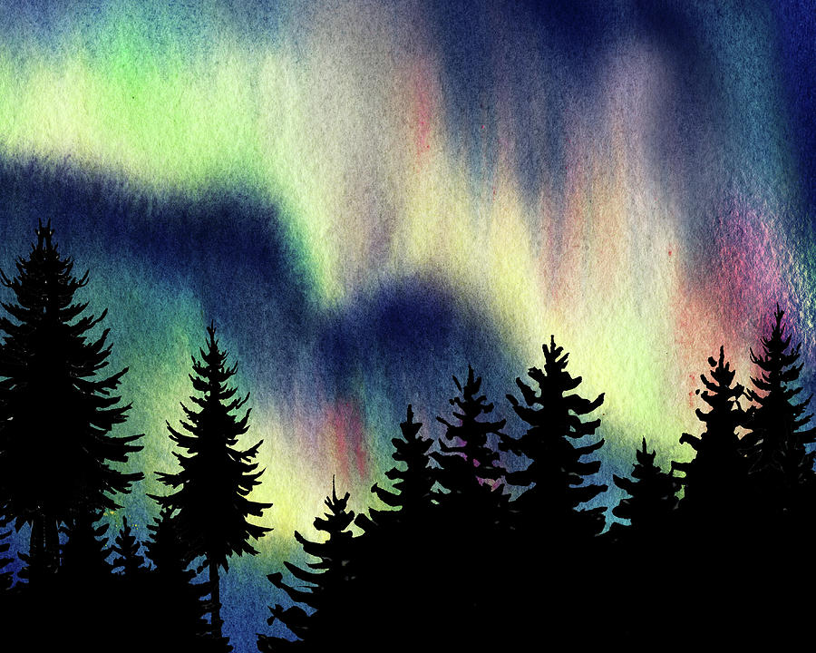 Beautiful Northern Aurora Borealis Lights With Forest Silhouette Watercolor Painting IV Painting by Irina Sztukowski
