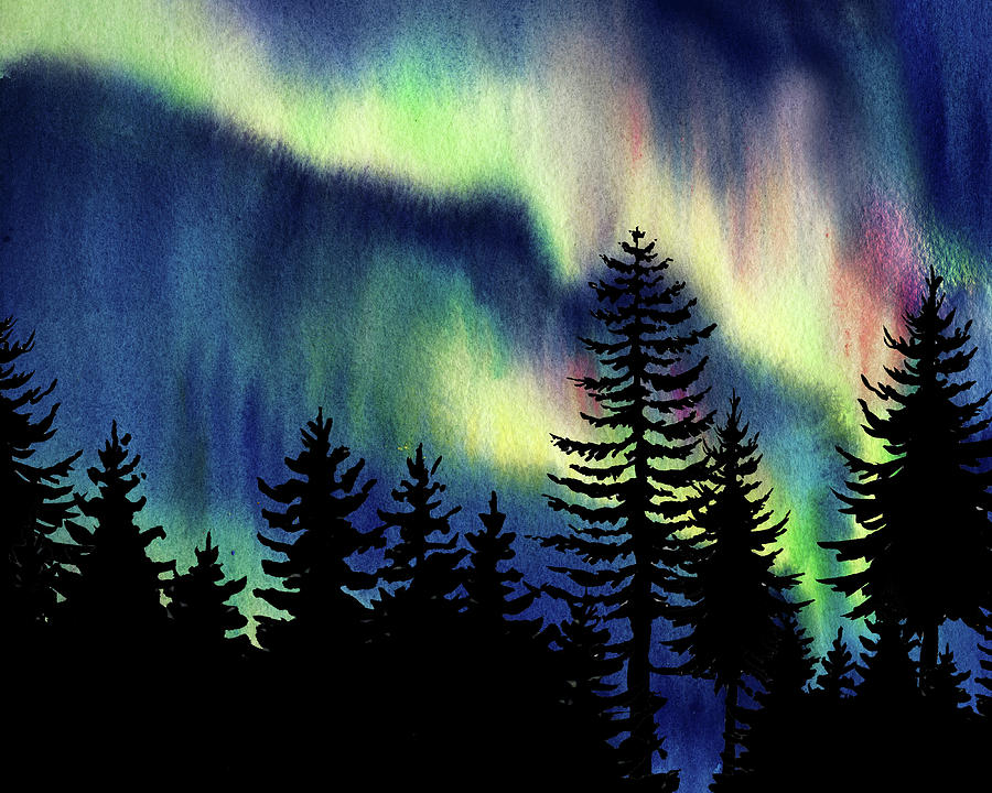 Beautiful Northern Aurora Borealis Lights With Forest Silhouette Watercolor Painting VI Painting by Irina Sztukowski