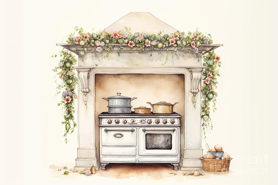 Beautiful old-fashioned range cooker, set back in an alcove, with a flower garland draped across the mantle. Watercolour style digital illustration. Photograph by Jane Rix