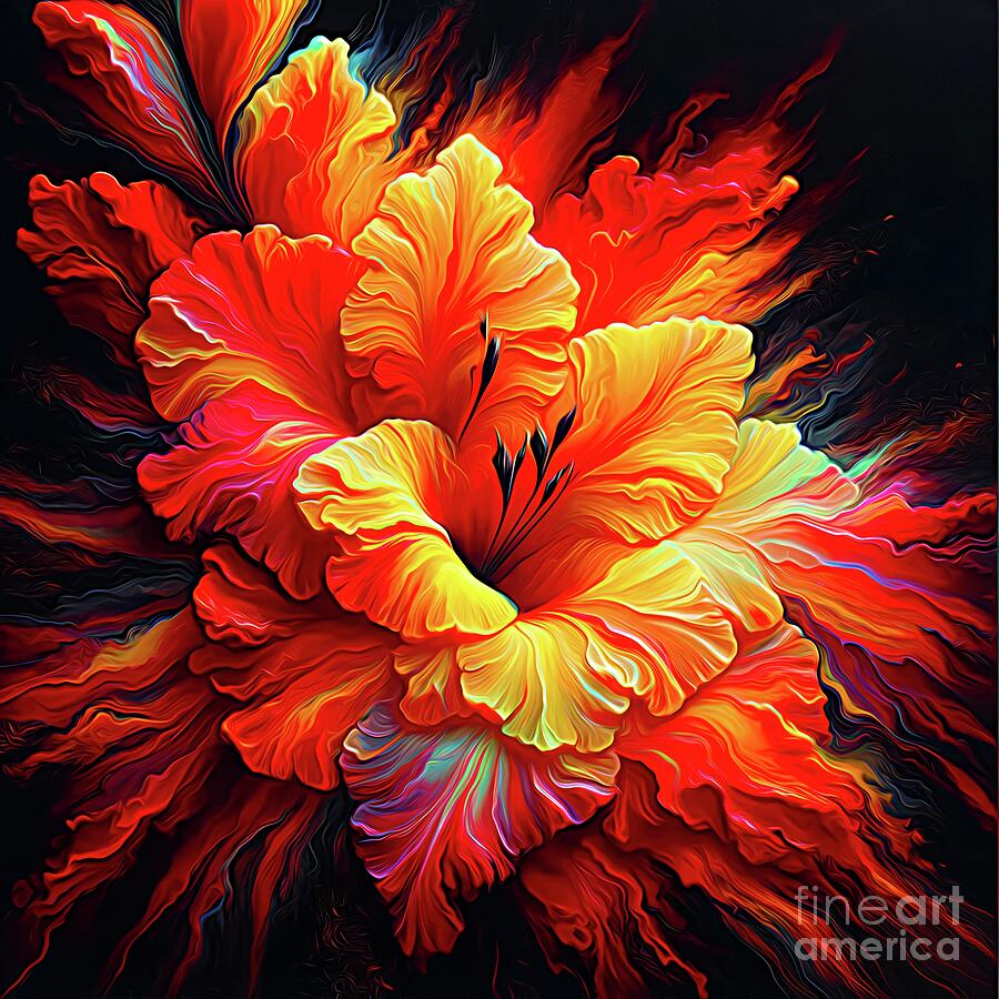 Flower Digital Art - Beautiful Orange Gladiolus Acrylic Pour and Expressionist Effect by Rose Santuci-Sofranko